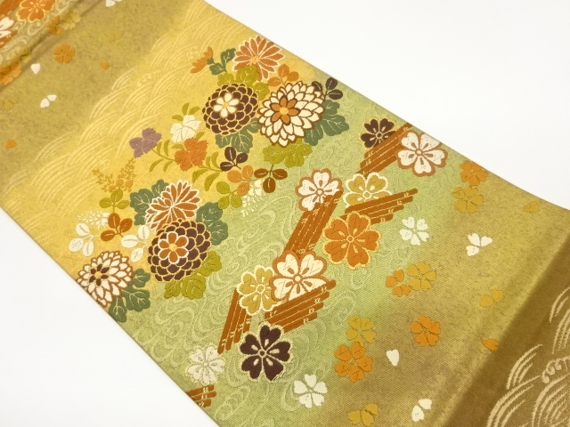 秋草に桜・筏・流水模様織出し袋帯